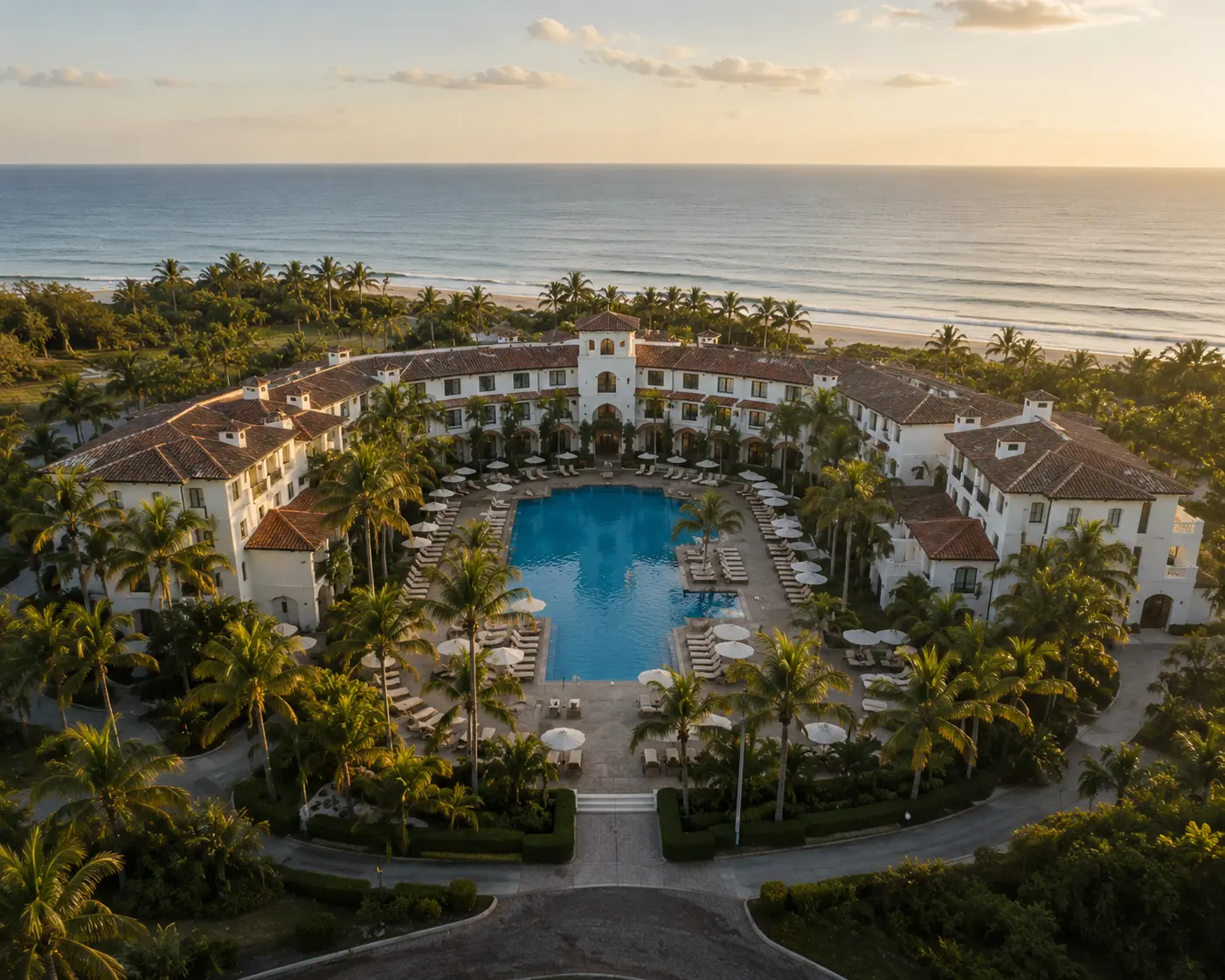 Beachfront resort with central pool at golden hour