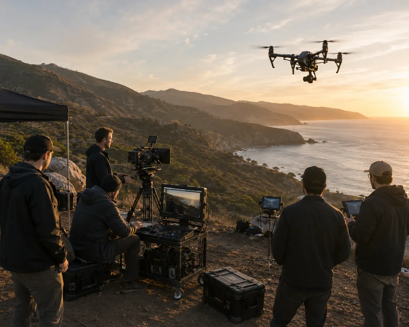 Film crew operating a drone above a coastal cliff
