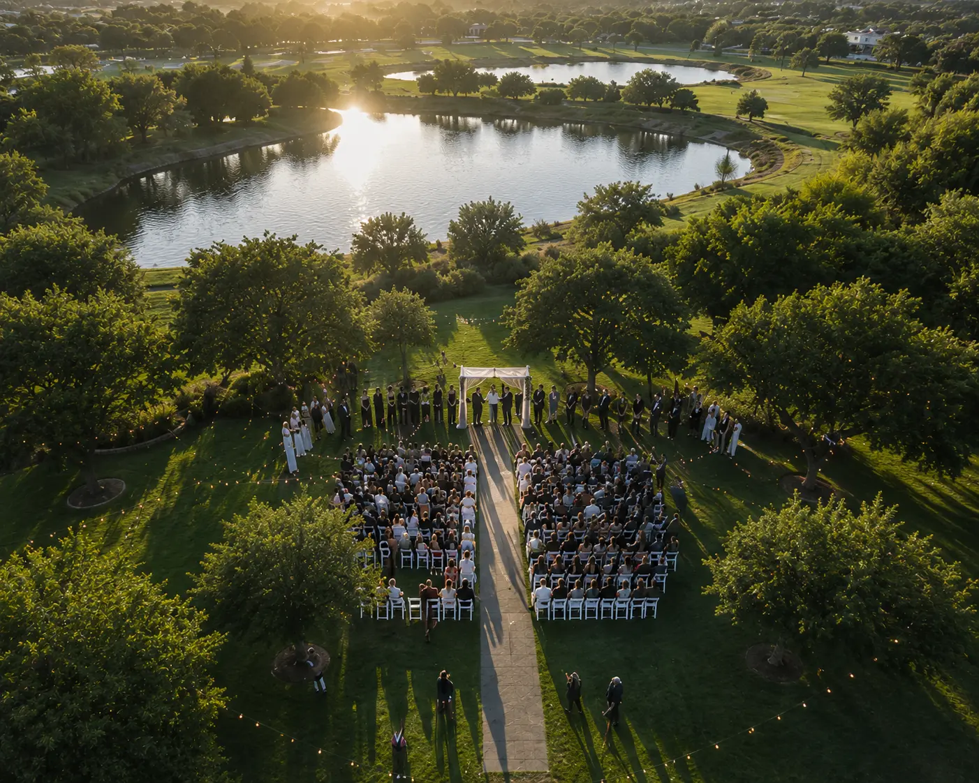 Outdoor wedding ceremony beside a lake