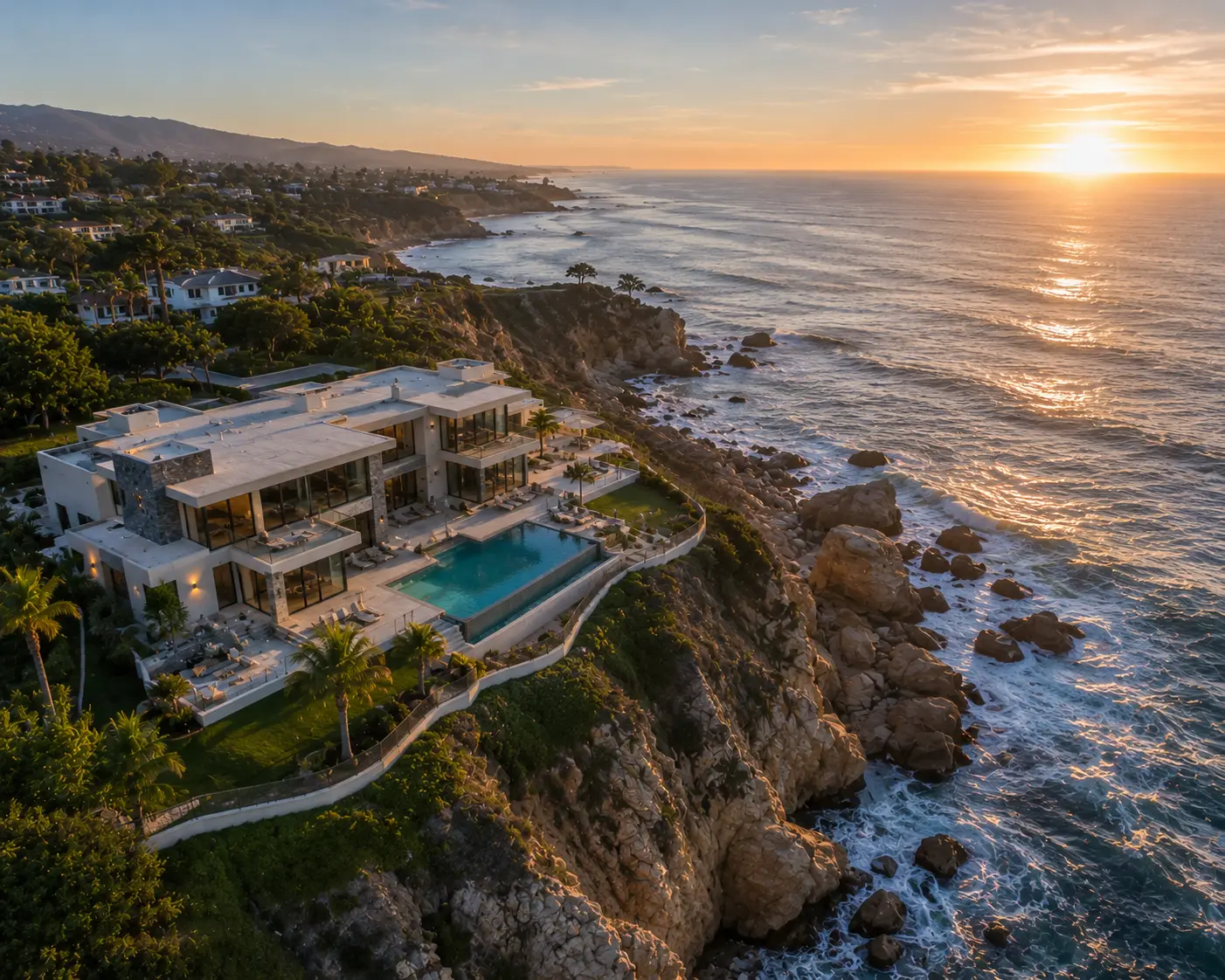 Cliffside oceanfront mansion at sunset